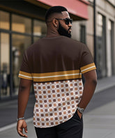 Men's Plus Size Daily Casual Brown Striped Alphabet Print Henry Collar Button Short Sleeve Tee